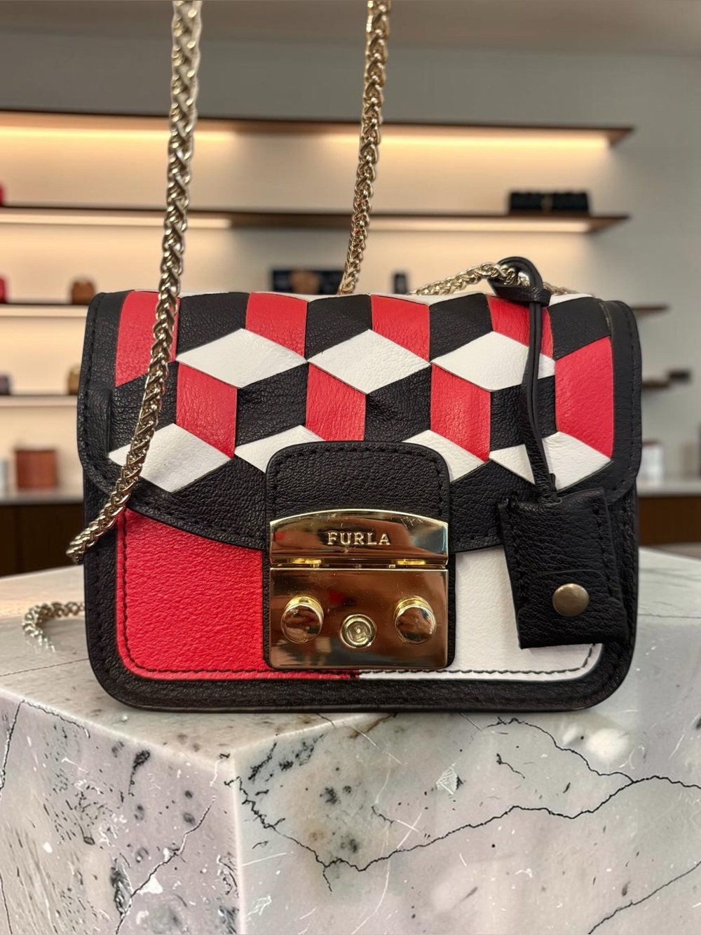 Furla Red Black White Geometric Crossbody Bag - Picture 10 of 12